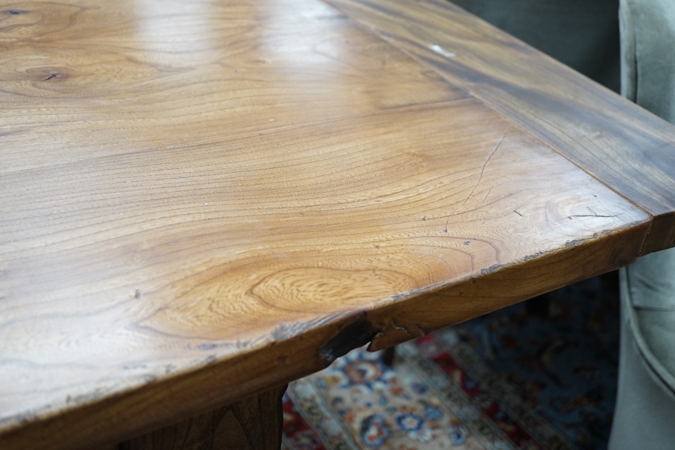 A Victorian style rectangular elm farmhouse table, length 272cm, depth 87cm, height 78cm